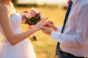 Newlyweds exchanging rings